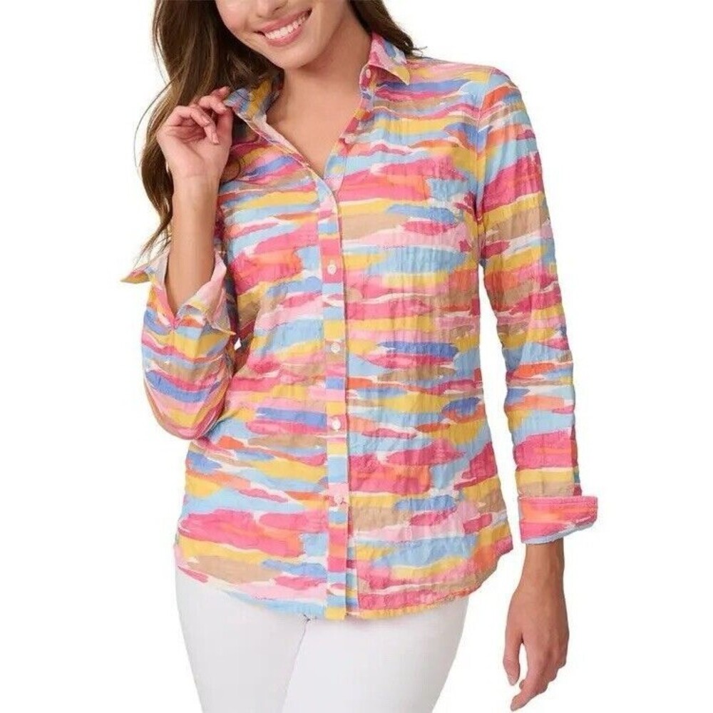 J McLaughlin Lois Shirt M Button Up Pink Colorful Tropical Watercolor Resortwear